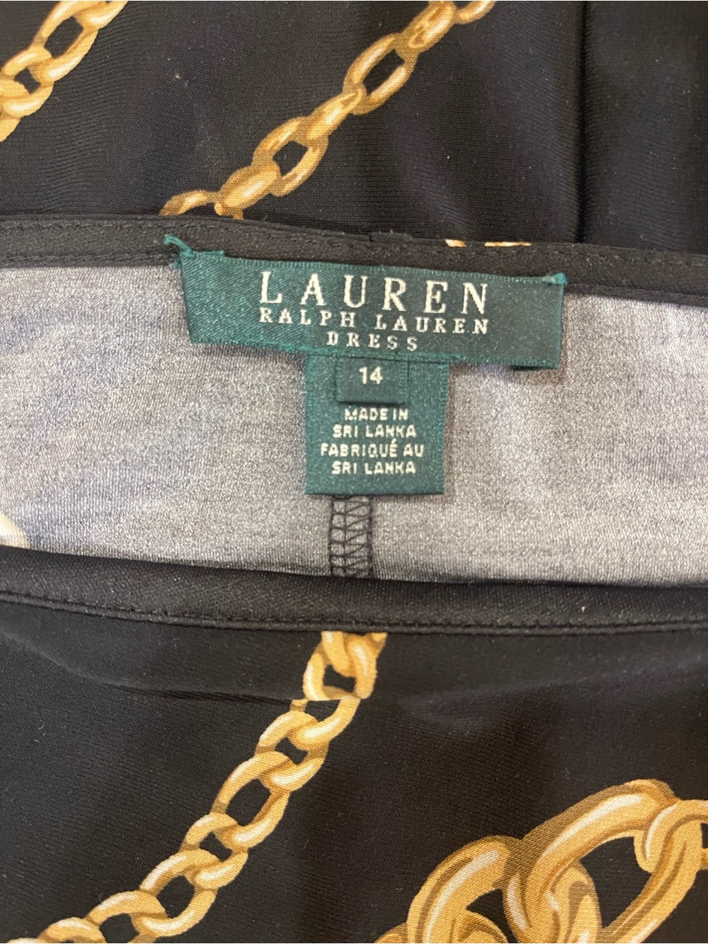 Lauren Ralph Lauren Black Gold Chain Print Faux Wrap Dress 14 Stretchy Ruched - Picture 3 of 16